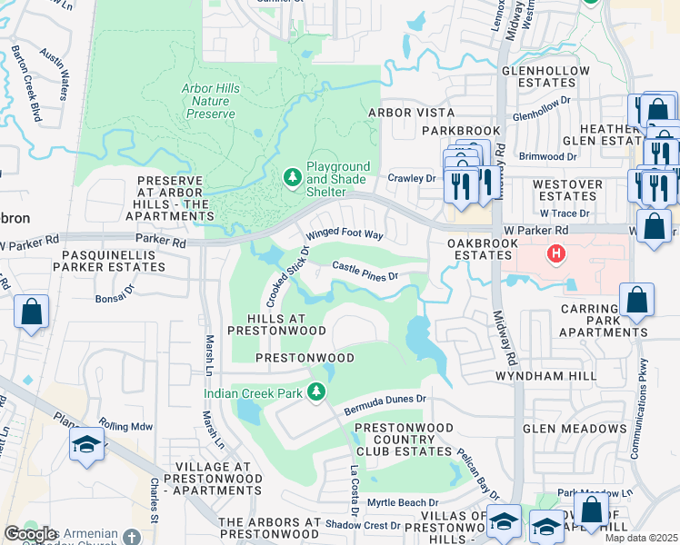 map of restaurants, bars, coffee shops, grocery stores, and more near 3112 Royal Sydney Court in Plano