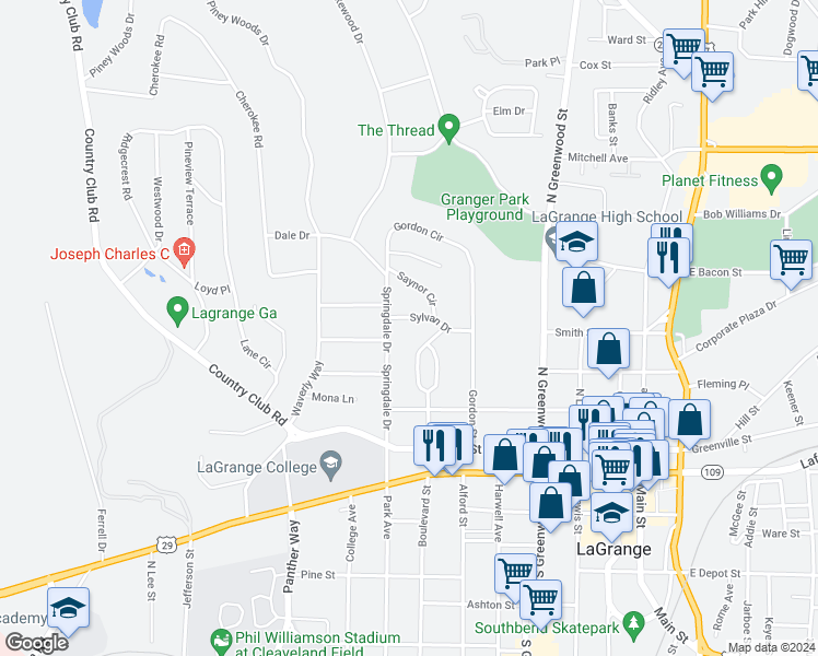map of restaurants, bars, coffee shops, grocery stores, and more near 511 Sylvan Drive in LaGrange