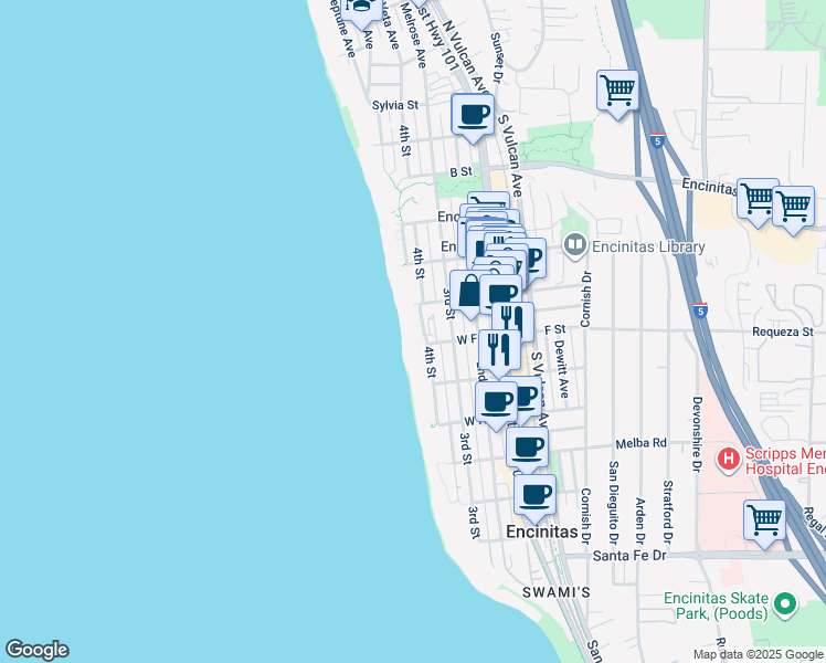 map of restaurants, bars, coffee shops, grocery stores, and more near 643 4th Street in Encinitas