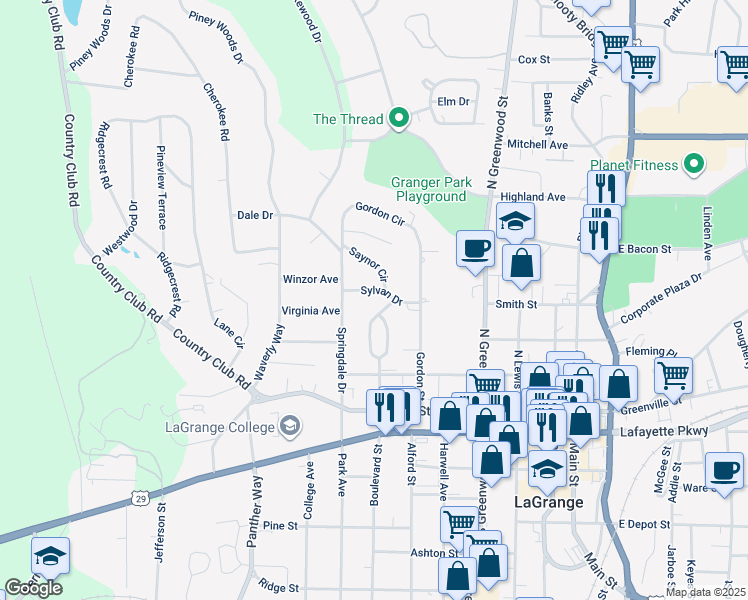 map of restaurants, bars, coffee shops, grocery stores, and more near 505 Sylvan Drive in LaGrange