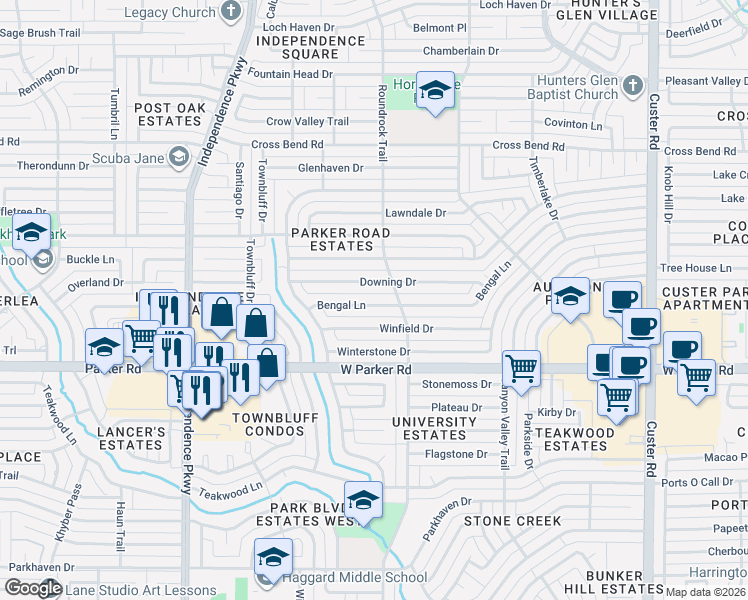 map of restaurants, bars, coffee shops, grocery stores, and more near 2717 Bengal Lane in Plano