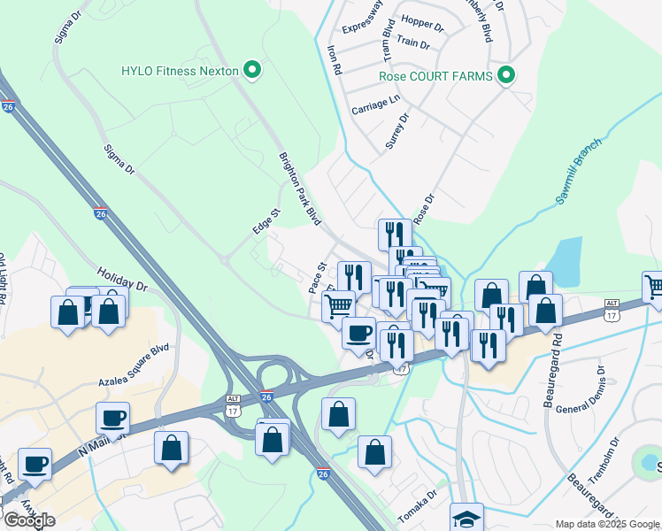 map of restaurants, bars, coffee shops, grocery stores, and more near 14000 Parkview Lane in Summerville