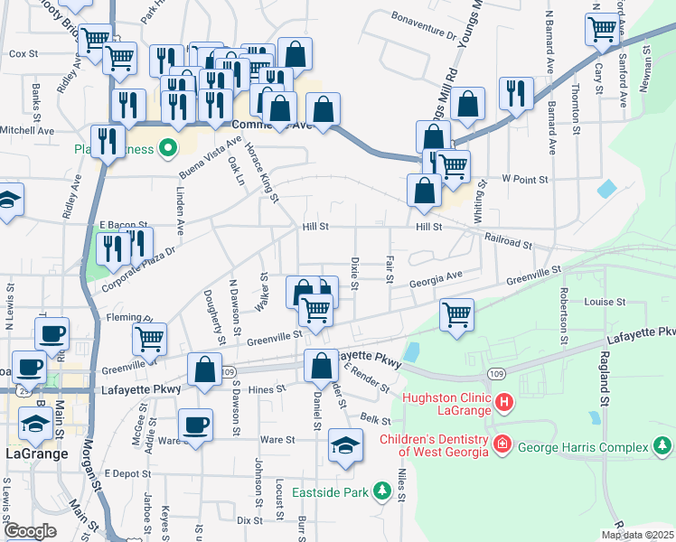 map of restaurants, bars, coffee shops, grocery stores, and more near 303 Front Street in LaGrange