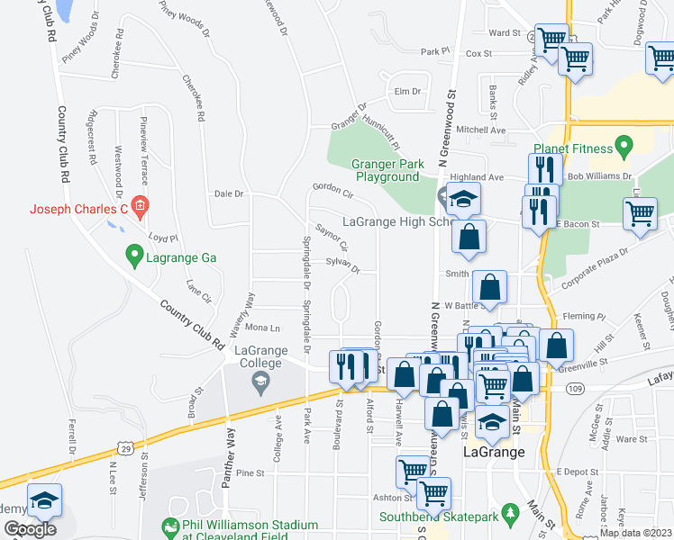 map of restaurants, bars, coffee shops, grocery stores, and more near 507 Sylvan Drive in LaGrange