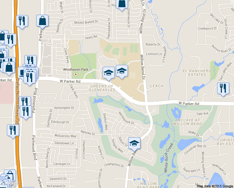 map of restaurants, bars, coffee shops, grocery stores, and more near 5705 Gleneagles Dr in Plano