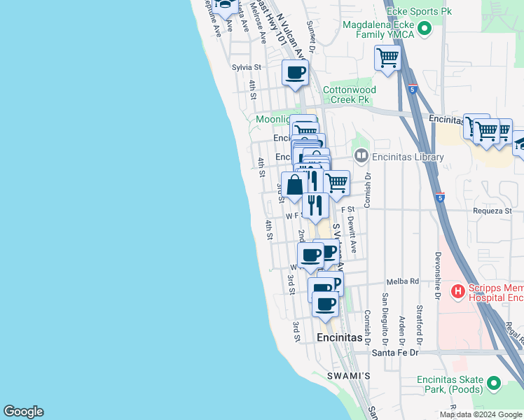 map of restaurants, bars, coffee shops, grocery stores, and more near 643 4th Street in Encinitas