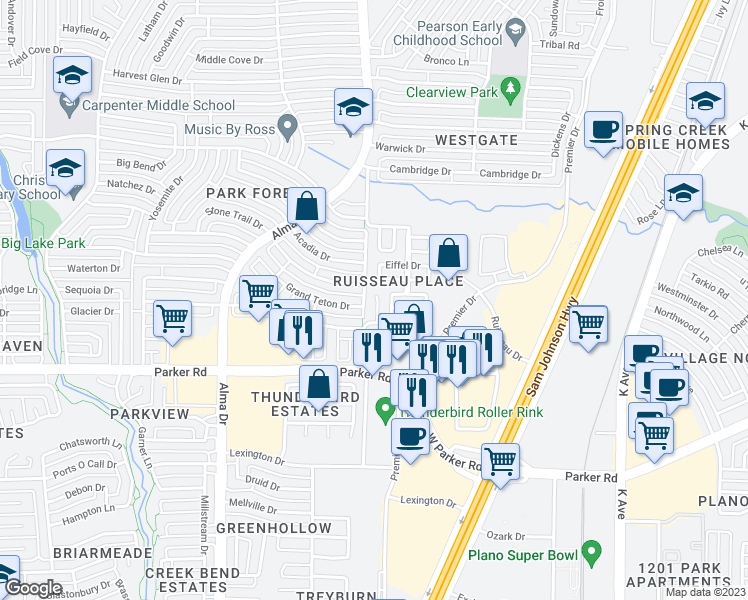 map of restaurants, bars, coffee shops, grocery stores, and more near 3505 Napoleon Court in Plano