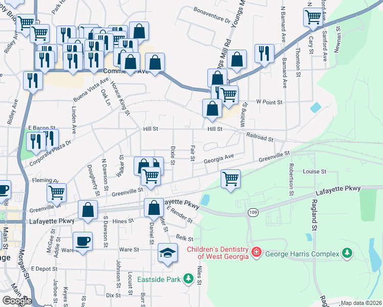 map of restaurants, bars, coffee shops, grocery stores, and more near 203 Fair Street in LaGrange