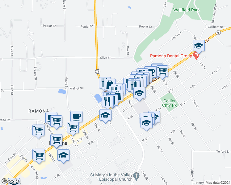map of restaurants, bars, coffee shops, grocery stores, and more near 923 B Street in Ramona