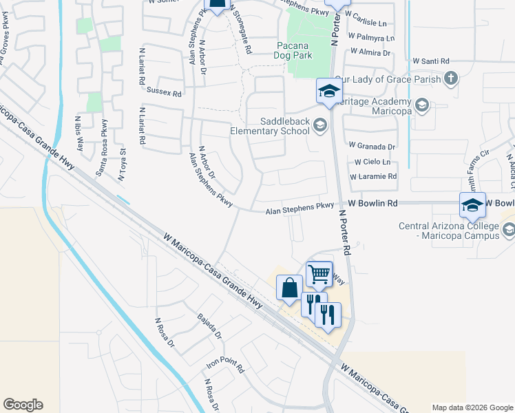 map of restaurants, bars, coffee shops, grocery stores, and more near 41949 West Barcelona Drive in Maricopa