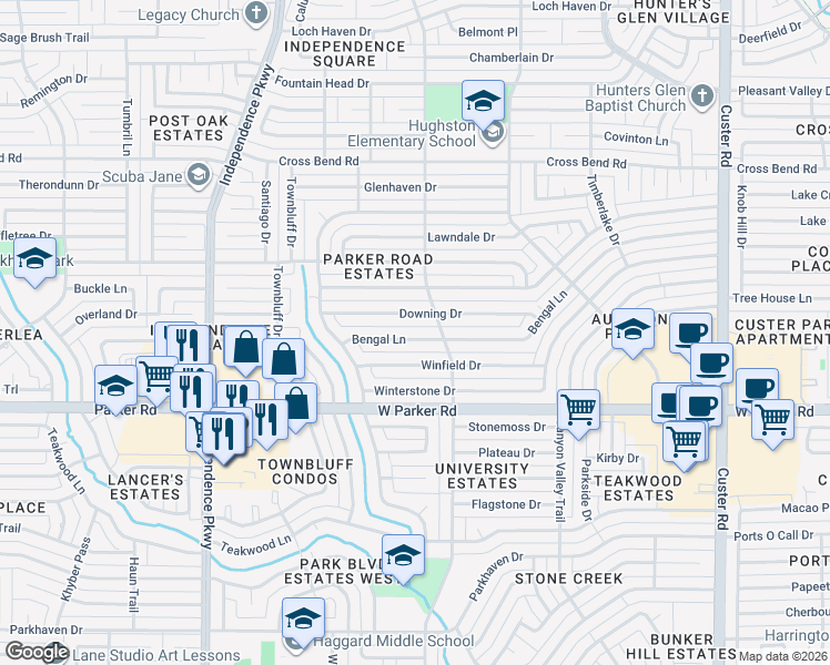 map of restaurants, bars, coffee shops, grocery stores, and more near 2717 Bengal Lane in Plano