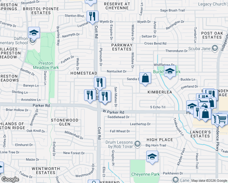 map of restaurants, bars, coffee shops, grocery stores, and more near 3403 San Mateo Drive in Plano