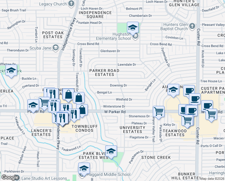 map of restaurants, bars, coffee shops, grocery stores, and more near 2717 Bengal Lane in Plano