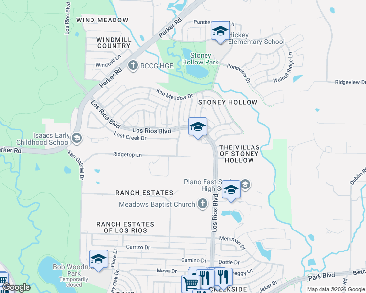 map of restaurants, bars, coffee shops, grocery stores, and more near 4032 Lost Creek Drive in Plano