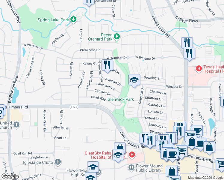 map of restaurants, bars, coffee shops, grocery stores, and more near 3305 Jameston Dr in Flower Mound