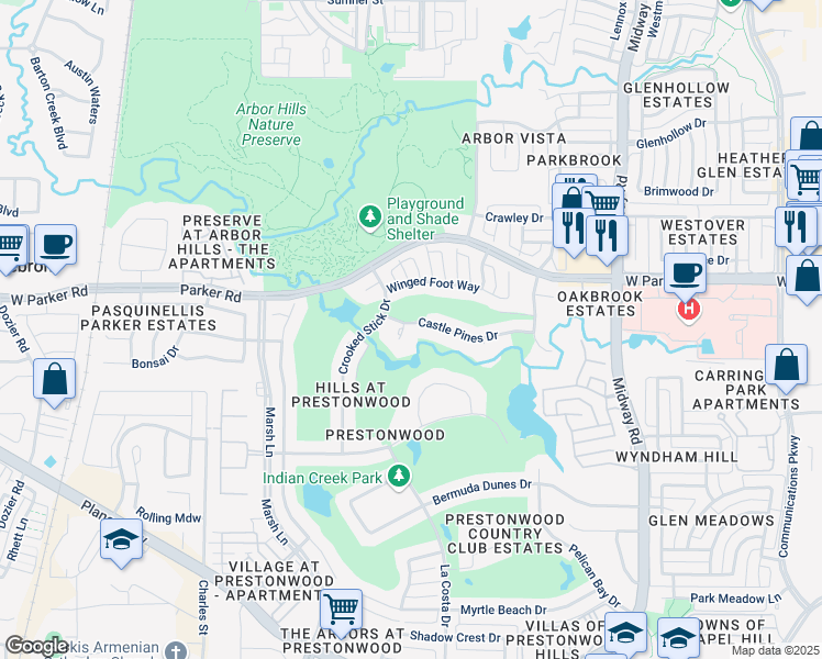 map of restaurants, bars, coffee shops, grocery stores, and more near 3112 Royal Sydney Court in Plano