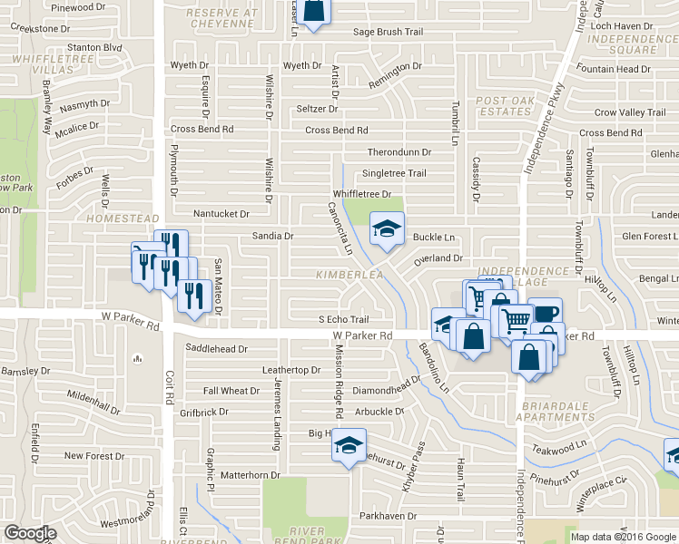 map of restaurants, bars, coffee shops, grocery stores, and more near 3605 Candelaria Drive in Plano