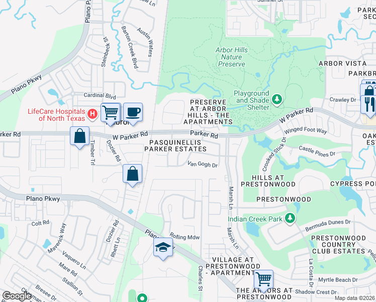 map of restaurants, bars, coffee shops, grocery stores, and more near 3133 Bonsai Drive in Plano