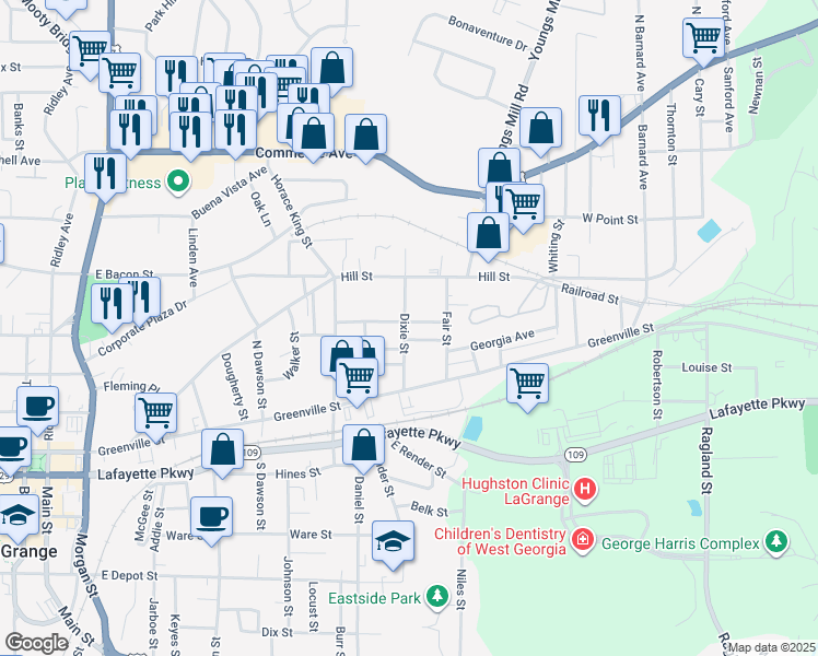 map of restaurants, bars, coffee shops, grocery stores, and more near 700 De Groat Street in LaGrange