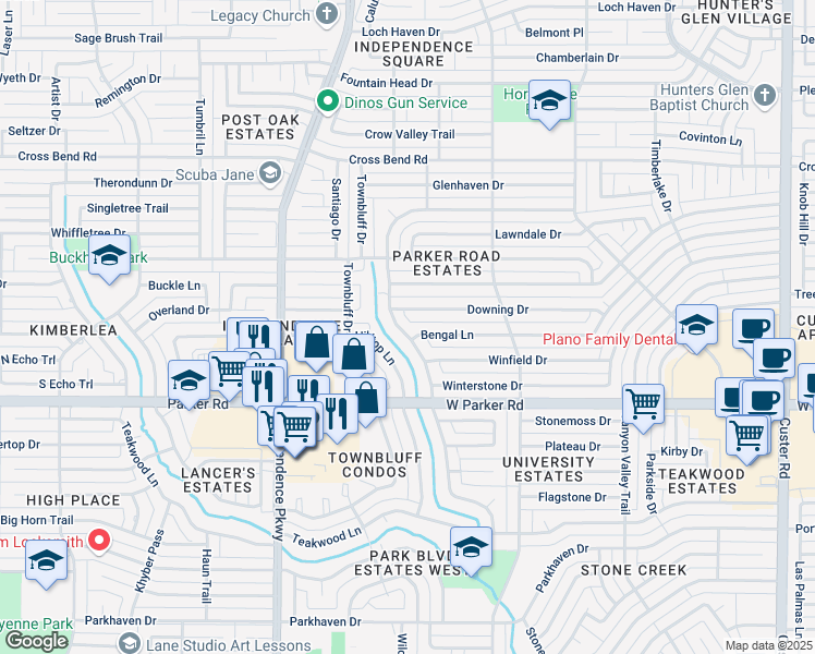 map of restaurants, bars, coffee shops, grocery stores, and more near 3500 Deep Valley Trail in Plano