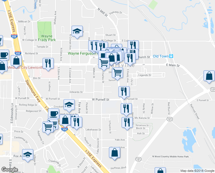 map of restaurants, bars, coffee shops, grocery stores, and more near 199 Houston Street in Lewisville