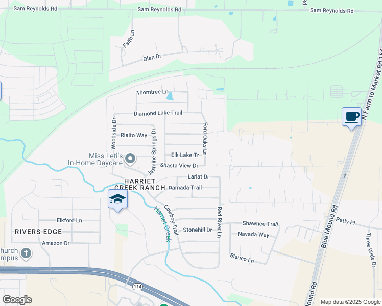 map of restaurants, bars, coffee shops, grocery stores, and more near 1909 Elk Lake Tr in Justin