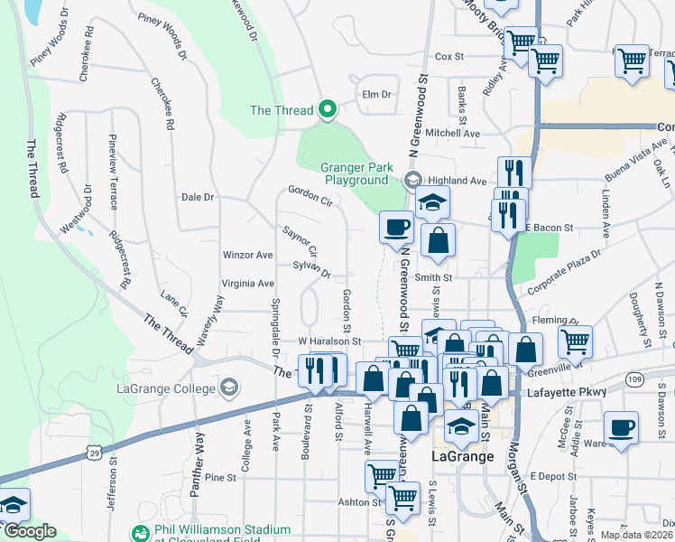 map of restaurants, bars, coffee shops, grocery stores, and more near 401 Gordon Street in LaGrange
