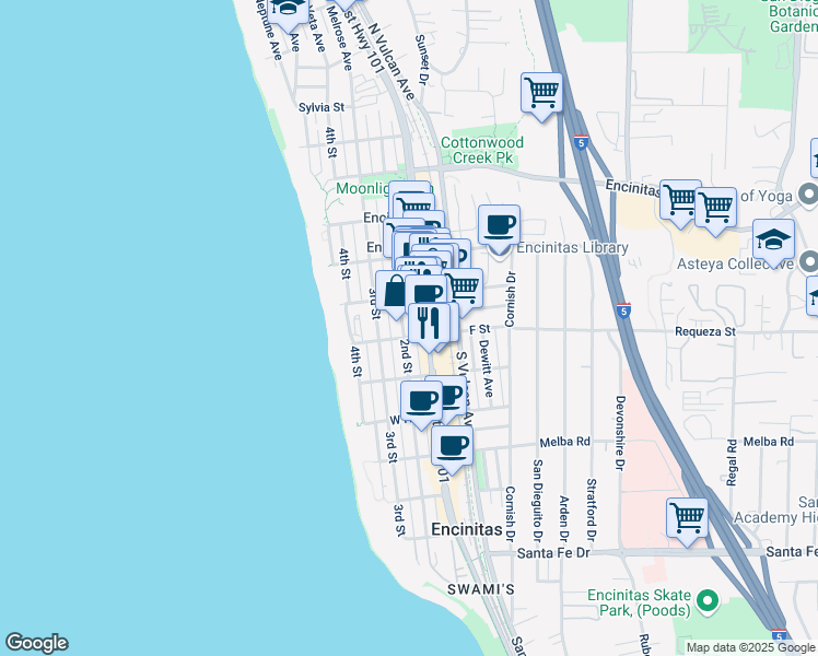 map of restaurants, bars, coffee shops, grocery stores, and more near 687 2nd Street in Encinitas