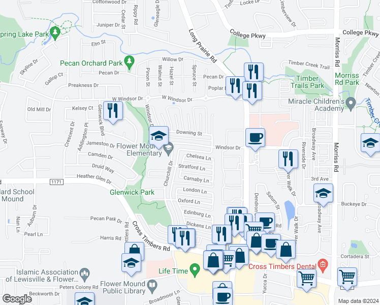 map of restaurants, bars, coffee shops, grocery stores, and more near 2832 Chelsea Lane in Flower Mound