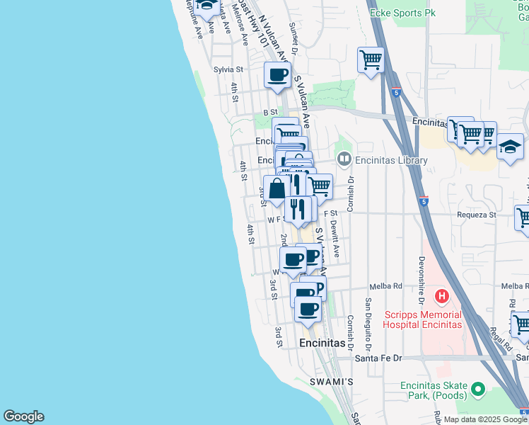 map of restaurants, bars, coffee shops, grocery stores, and more near 538-2 3rd Street in Encinitas