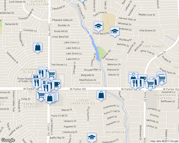 map of restaurants, bars, coffee shops, grocery stores, and more near 1604 Throwbridge Lane in Plano