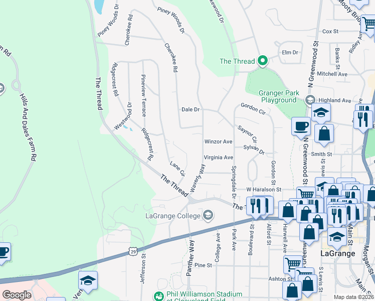 map of restaurants, bars, coffee shops, grocery stores, and more near 217 East Lane Circle in LaGrange