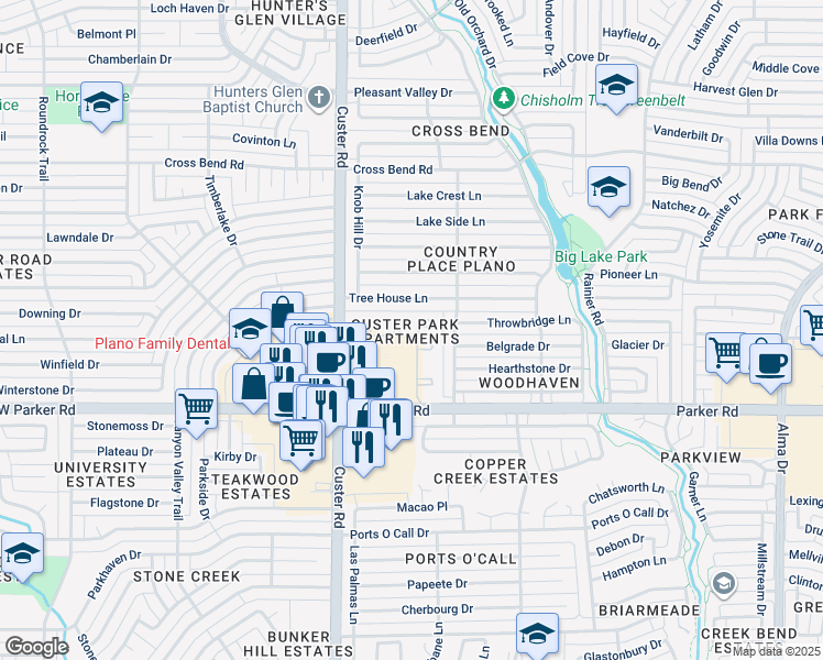map of restaurants, bars, coffee shops, grocery stores, and more near 3400 Custer Road in Plano