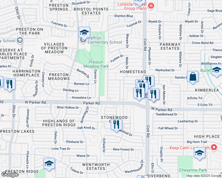 map of restaurants, bars, coffee shops, grocery stores, and more near 4217 Morgan Court in Plano