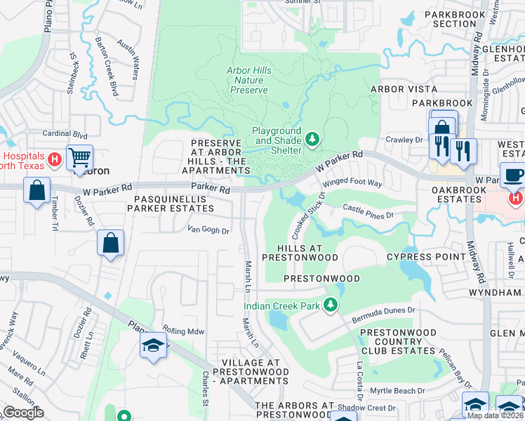 map of restaurants, bars, coffee shops, grocery stores, and more near 3204 Prestonwood Drive in Plano