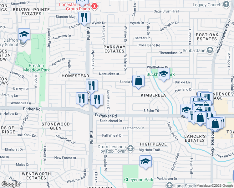 map of restaurants, bars, coffee shops, grocery stores, and more near 3713 Candelaria Drive in Plano