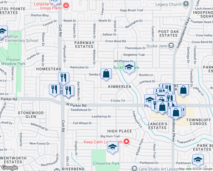 map of restaurants, bars, coffee shops, grocery stores, and more near 3625 Candelaria Drive in Plano