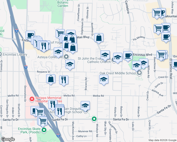 map of restaurants, bars, coffee shops, grocery stores, and more near 698 Camino El Dorado in Encinitas