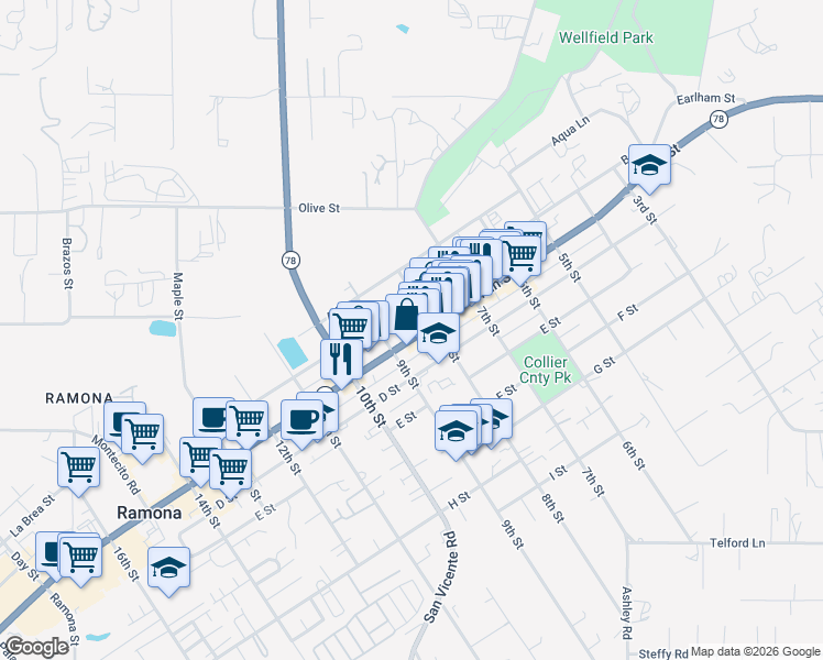 map of restaurants, bars, coffee shops, grocery stores, and more near 835 Main Street in Ramona