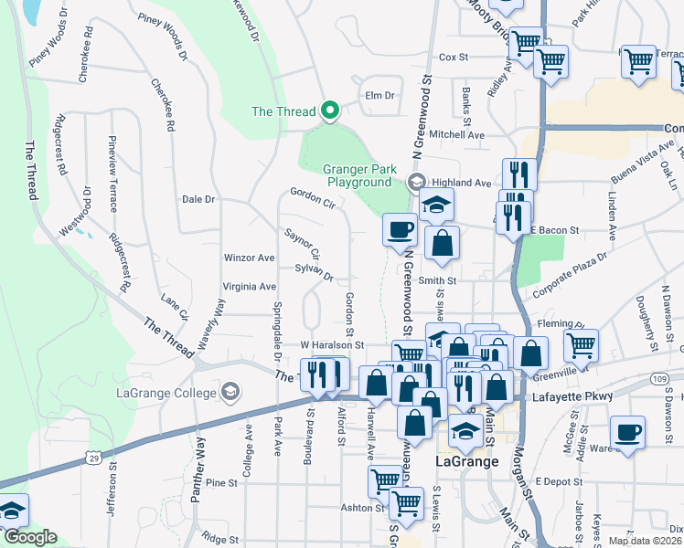 map of restaurants, bars, coffee shops, grocery stores, and more near 401 Gordon Street in LaGrange