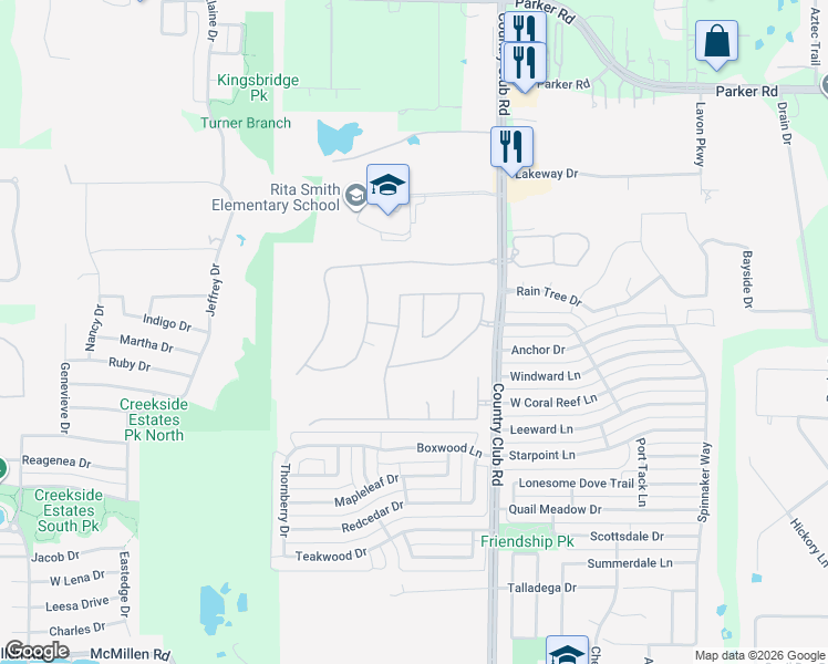 map of restaurants, bars, coffee shops, grocery stores, and more near 1803 Brookstone Drive in Wylie