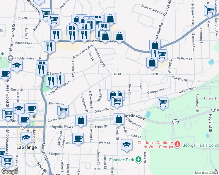 map of restaurants, bars, coffee shops, grocery stores, and more near 209 Horace King Street in LaGrange