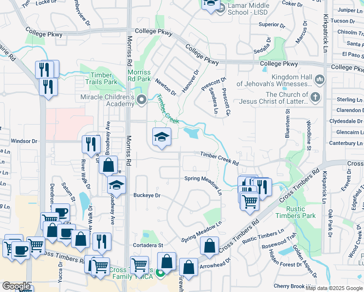 map of restaurants, bars, coffee shops, grocery stores, and more near 1800 Timber Creek Road in Flower Mound