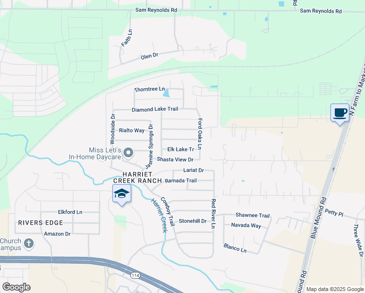 map of restaurants, bars, coffee shops, grocery stores, and more near 1901 Elk Lake Tr in Justin