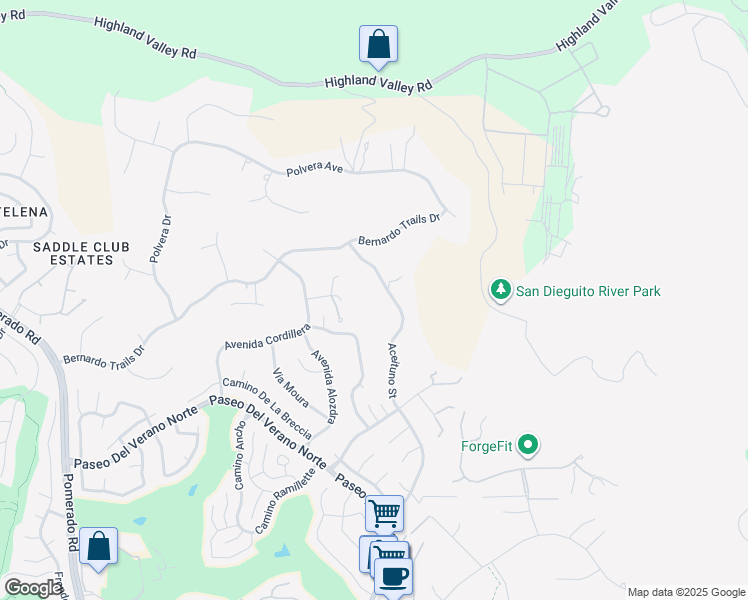 map of restaurants, bars, coffee shops, grocery stores, and more near 18676 Aceituno Street in San Diego
