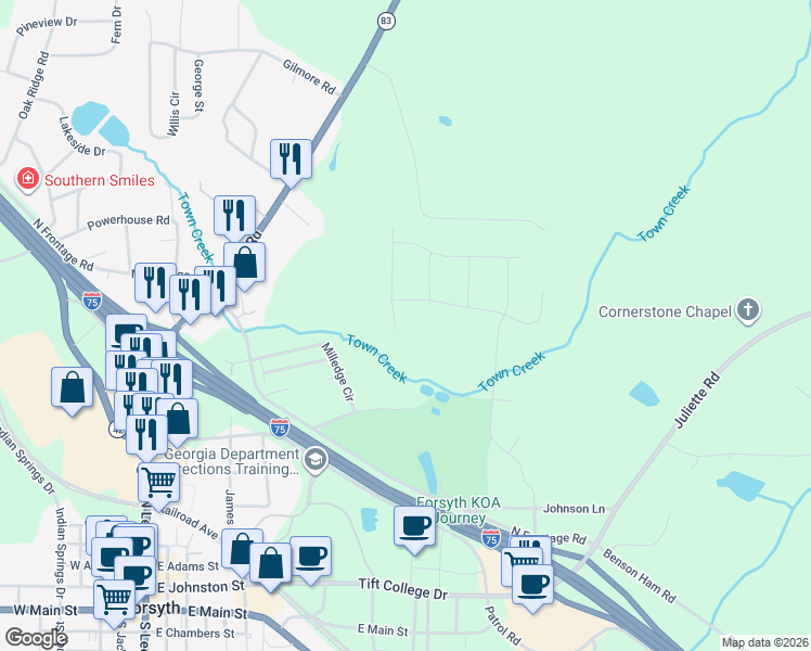 map of restaurants, bars, coffee shops, grocery stores, and more near 83 Milledge Circle in Forsyth