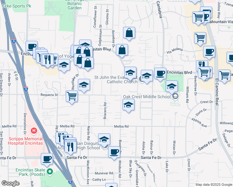 map of restaurants, bars, coffee shops, grocery stores, and more near 659 Camino El Dorado in Encinitas