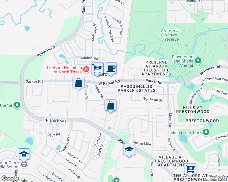 map of restaurants, bars, coffee shops, grocery stores, and more near 2557 Bozeman Lane in Carrollton