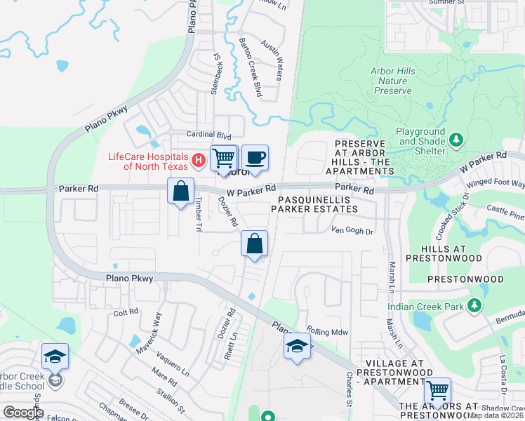 map of restaurants, bars, coffee shops, grocery stores, and more near 2557 Bozeman Lane in Carrollton