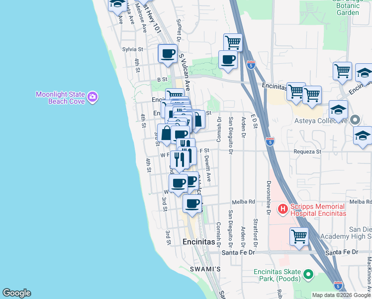 map of restaurants, bars, coffee shops, grocery stores, and more near 687 South Coast Highway 101 in Encinitas